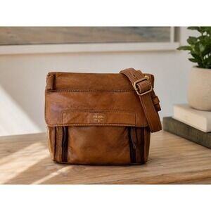 Fossil Issue No 1954 Cognac Brown Leather Crossbody Messenger Bag Multi Pocket